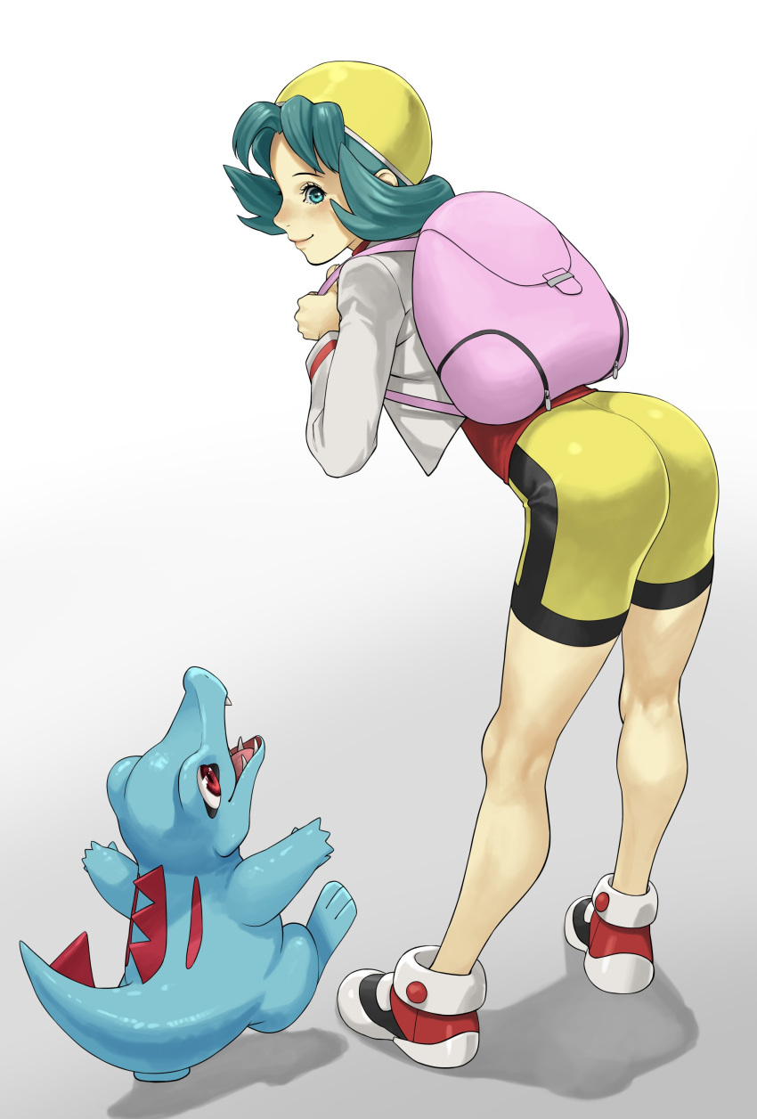 1girl absurdres ass backpack bag bent_over bike_shorts blue_eyes commentary_request crystal_(pokemon) from_behind full_body green_hair hat highres kneepits lips looking_back looking_down pokemon pokemon_(creature) pokemon_(game) pokemon_gsc shoes short_hair smile sneakers solo_focus totodile turiganesou800 white_background