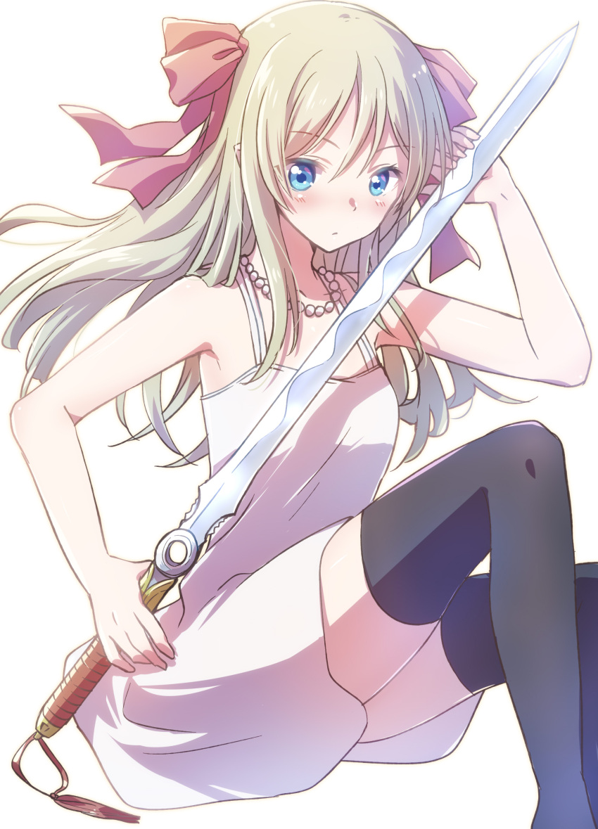1girl absurdres bangs black_legwear blonde_hair blue_eyes bow breasts cop_craft:_dragnet_mirage_reloaded facial_mark feet_out_of_frame forehead_mark hair_bow hair_ornament highres holding holding_sword holding_weapon jewelry long_hair looking_at_viewer necklace nyaa_(nnekoron) pink_bow pointy_ears simple_background sitting small_breasts solo sword thigh-highs tilarna_exedilika weapon