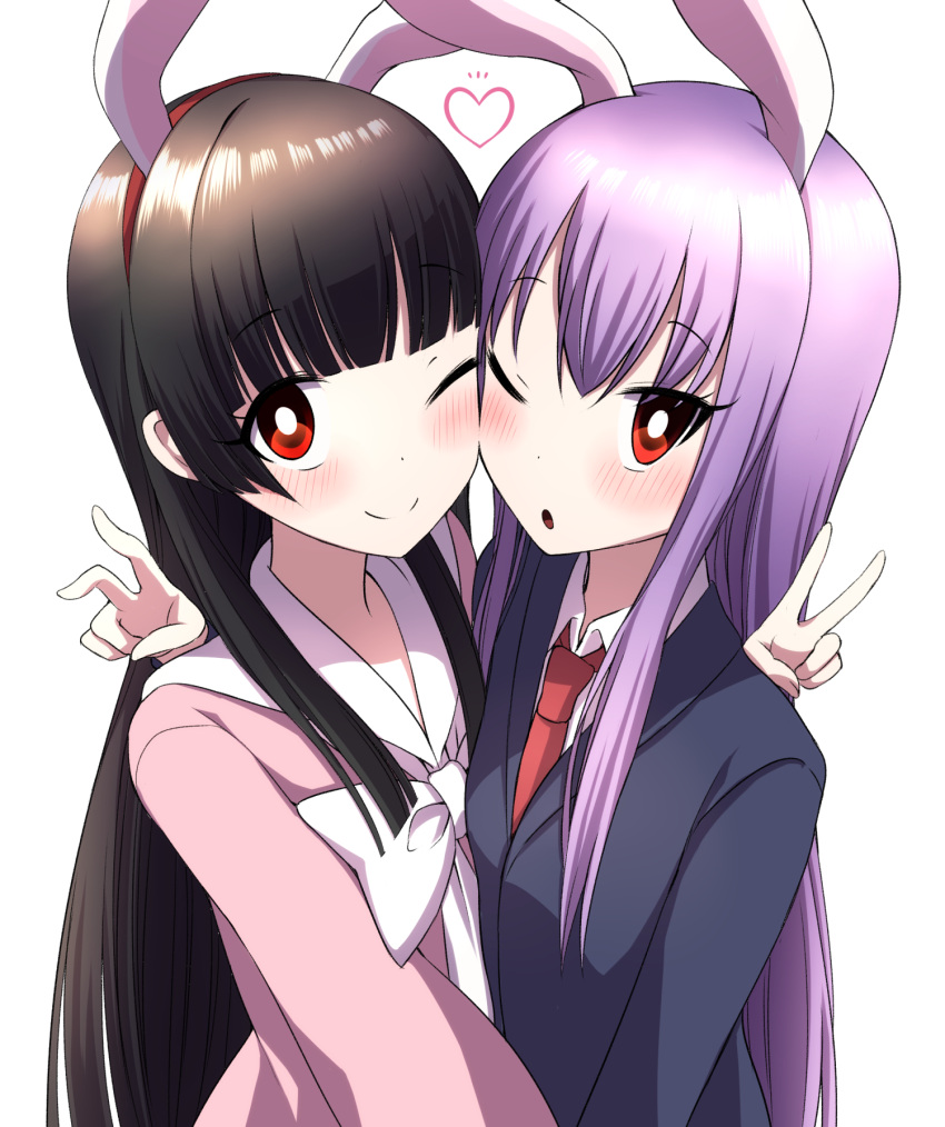 2girls :o animal_ears arm_around_shoulder bangs black_hair blunt_bangs bright_pupils cheek-to-cheek closed_mouth collared_shirt commentary_request eyebrows_visible_through_hair fake_animal_ears hairband heart highres hime_cut houraisan_kaguya hug imperishable_night jacket lavender_hair long_hair looking_at_viewer multiple_girls necktie one_eye_closed open_mouth rabbit_ears red_eyes red_neckwear reisen_udongein_inaba shirt sidelocks simple_background smile straight_hair touhou tsukimirin v white_background white_pupils