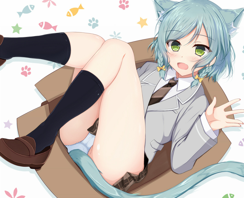 1girl :d animal_ear_fluff animal_ears aqua_hair bang_dream! black_legwear blazer blush bow box braid brown_footwear brown_neckwear brown_skirt cardboard_box cat_ears cat_girl cat_tail collared_shirt commentary_request diagonal-striped_neckwear diagonal_stripes ensaiburi fang green_eyes grey_background grey_jacket hair_bow hand_up hikawa_hina in_box in_container jacket kneehighs knees_up loafers looking_at_viewer necktie open_mouth panties plaid plaid_skirt pleated_skirt shirt shoes side_braids simple_background skirt smile solo star striped striped_neckwear tail twin_braids underwear white_panties white_shirt yellow_bow