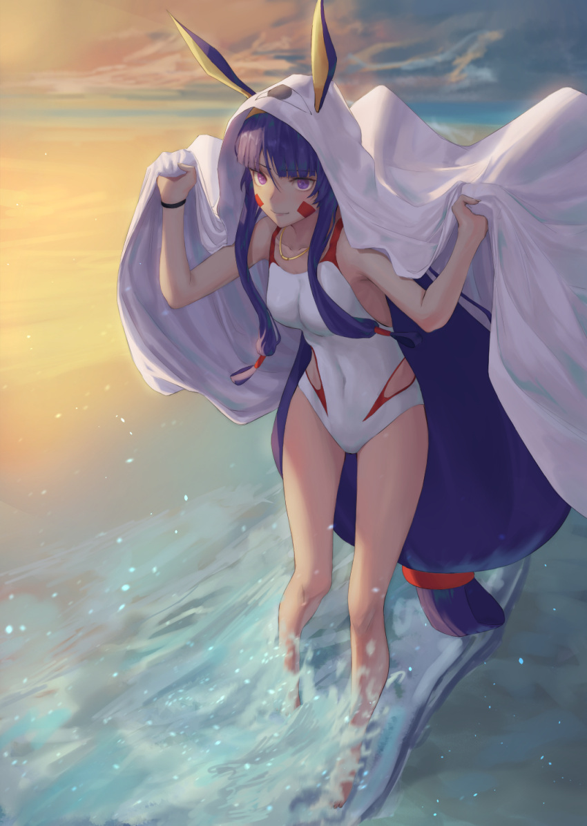 1girl 7aehyun animal_ears arms_up bangs beach breasts casual_one-piece_swimsuit cosplay covered_navel facial_mark fate/grand_order fate_(series) highres horizon jewelry light_smile long_hair low-tied_long_hair medium_breasts medjed medjed_(cosplay) necklace nitocris_(fate/grand_order) nitocris_(swimsuit_assassin)_(fate) one-piece_swimsuit purple_hair sidelocks solo sunset swimsuit twilight very_long_hair violet_eyes wading water white_swimsuit