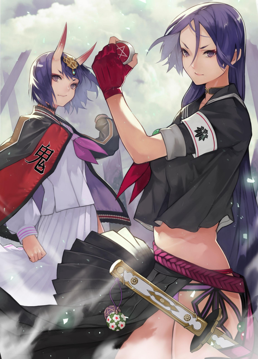 2girls 55level absurdres bangs bikini bikini_under_clothes black_jacket black_sailor_collar black_serafuku black_shirt black_skirt bob_cut breasts choker crop_top eyeliner fate/grand_order fate_(series) fingerless_gloves gloves headpiece highres horns jacket jacket_on_shoulders katana large_breasts long_hair long_skirt long_sleeves looking_at_viewer low-tied_long_hair makeup midriff minamoto_no_raikou_(fate/grand_order) minamoto_no_raikou_(swimsuit_lancer)_(fate) multiple_girls neckerchief oni oni_horns open_clothes open_jacket parted_bangs pleated_skirt purple_bikini purple_hair purple_neckwear red_gloves red_neckwear sailor_collar school_uniform serafuku shirt short_eyebrows short_hair shuten_douji_(fate/grand_order) skirt swimsuit sword very_long_hair violet_eyes weapon white_serafuku white_shirt white_skirt yo-yo