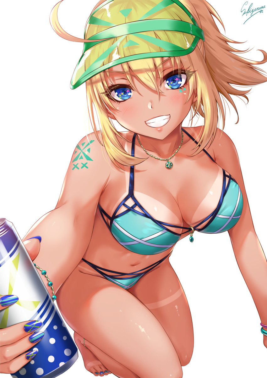 1girl ahoge aqua_bikini artist_name artoria_pendragon_(all) bangs bare_arms bare_shoulders barefoot bikini bikini_tan blonde_hair blue_eyes blue_nails blush breasts commentary_request eyebrows_visible_through_hair fate/grand_order fate_(series) grin groin hair_between_eyes halterneck highres holding kneeling large_breasts looking_at_viewer mysterious_heroine_xx_(foreigner) nail_polish navel ponytail sakiyamama shadow short_hair shoulder_tattoo sidelocks signature simple_background smile solo stomach swimsuit tan tanline tattoo thighs toenail_polish visor_cap white_background
