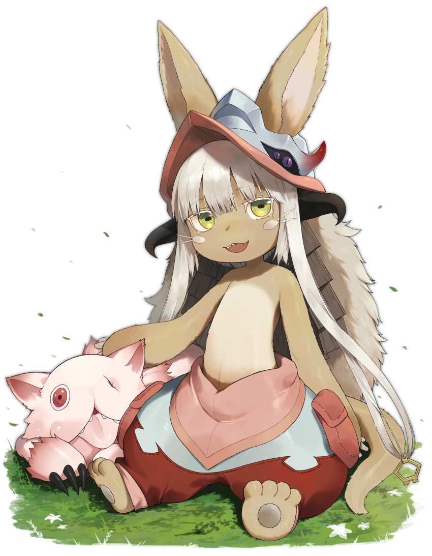 1other :3 absurdres animal_ears animal_feet bangs barefoot blush_stickers claws colored_eyelashes commentary_request ears_through_headwear eyebrows_visible_through_hair fake_horns fangs feet flower full_body furry grass green_eyes grey_hair happy headpat helmet highres horizontal_pupils horned_headwear horns long_hair looking_at_viewer made_in_abyss missing_eye mitty_(made_in_abyss) monster multicolored_pants nanachi_(made_in_abyss) on_ground one-eyed open_mouth other_focus outdoors outline partial_commentary pawpads pouch puffy_pants red_eyes shibainu shiny shiny_hair sidelocks simple_background sitting smile solo tail teeth tongue tongue_out topless very_long_hair whiskers white_background white_flower