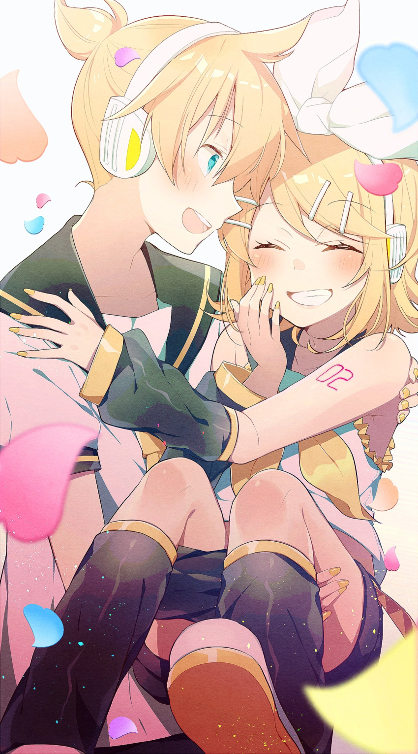 1boy 1girl arm_warmers asagao_minoru bangs bare_shoulders black_collar blonde_hair blue_eyes blush bow brother_and_sister carrying closed_eyes collar grin hair_bow hair_ornament hairclip hand_on_another's_shoulder hand_to_own_mouth happy headphones heart-shaped_petals highres kagamine_len kagamine_rin leg_warmers looking_at_viewer nail_polish neckerchief necktie open_mouth petals princess_carry sailor_collar school_uniform shirt short_hair short_ponytail short_sleeves shoulder_tattoo siblings smile spiky_hair swept_bangs tattoo twins upper_body vocaloid white_bow white_shirt yellow_nails yellow_neckwear
