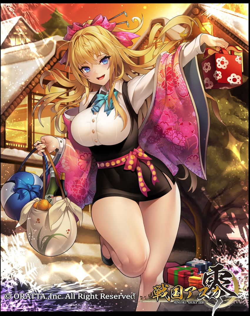 1girl arm_up black_dress blonde_hair blue_eyes bow bowtie breasts collared_shirt covered_navel dress eyebrows_visible_through_hair floating_hair grimgrim hair_bow hair_ornament hairpin half-closed_eyes highres large_breasts long_hair long_sleeves looking_at_viewer official_art open_mouth sengoku_asuka_zero shirt shoes short_dress side_slit smile solo taut_clothes taut_dress thighs