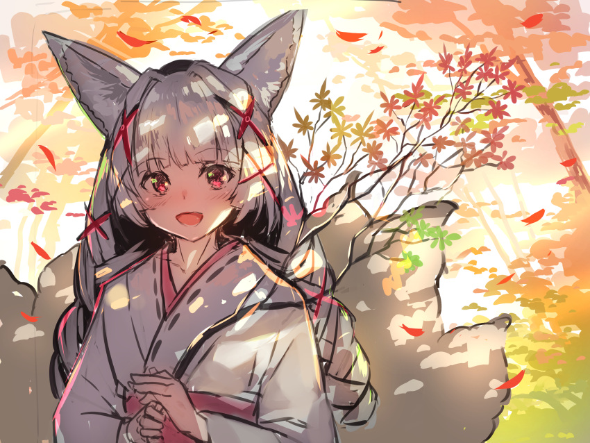 1girl :d absurdres animal_ear_fluff animal_ears bangs blush braid branch eyebrows_visible_through_hair fox_ears fox_girl hair_ornament highres holding holding_branch japanese_clothes kimono long_hair obi open_mouth original own_hands_together red_eyes ribbon_trim sash silver_hair sketch smile solo tree twin_braids white_kimono x_hair_ornament yuuji_(yukimimi)