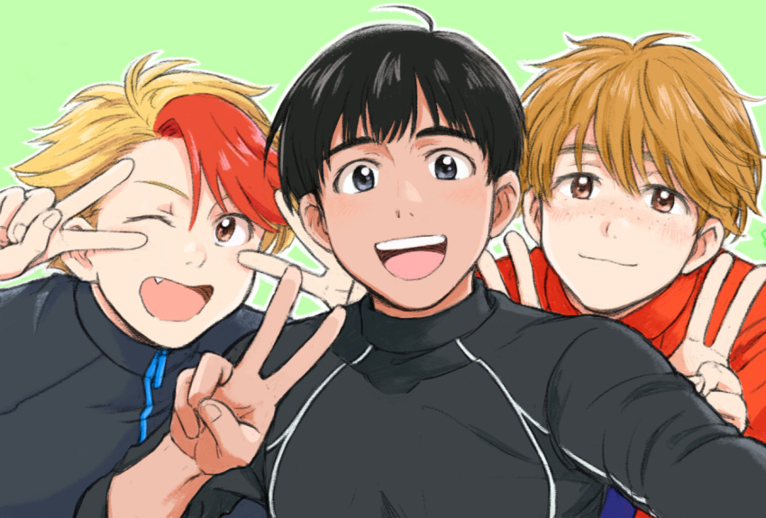 3boys :d ;d black_hair blonde_hair brown_eyes brown_hair double_v fang freckles grey_eyes jacket ji_guang-hong male_focus minami_kenjirou multicolored_hair multiple_boys one_eye_closed open_mouth phichit_chulanont redhead self_shot smile takeshi_(mononohu20) track_jacket two-tone_hair upper_body v v_over_eye yuri!!!_on_ice