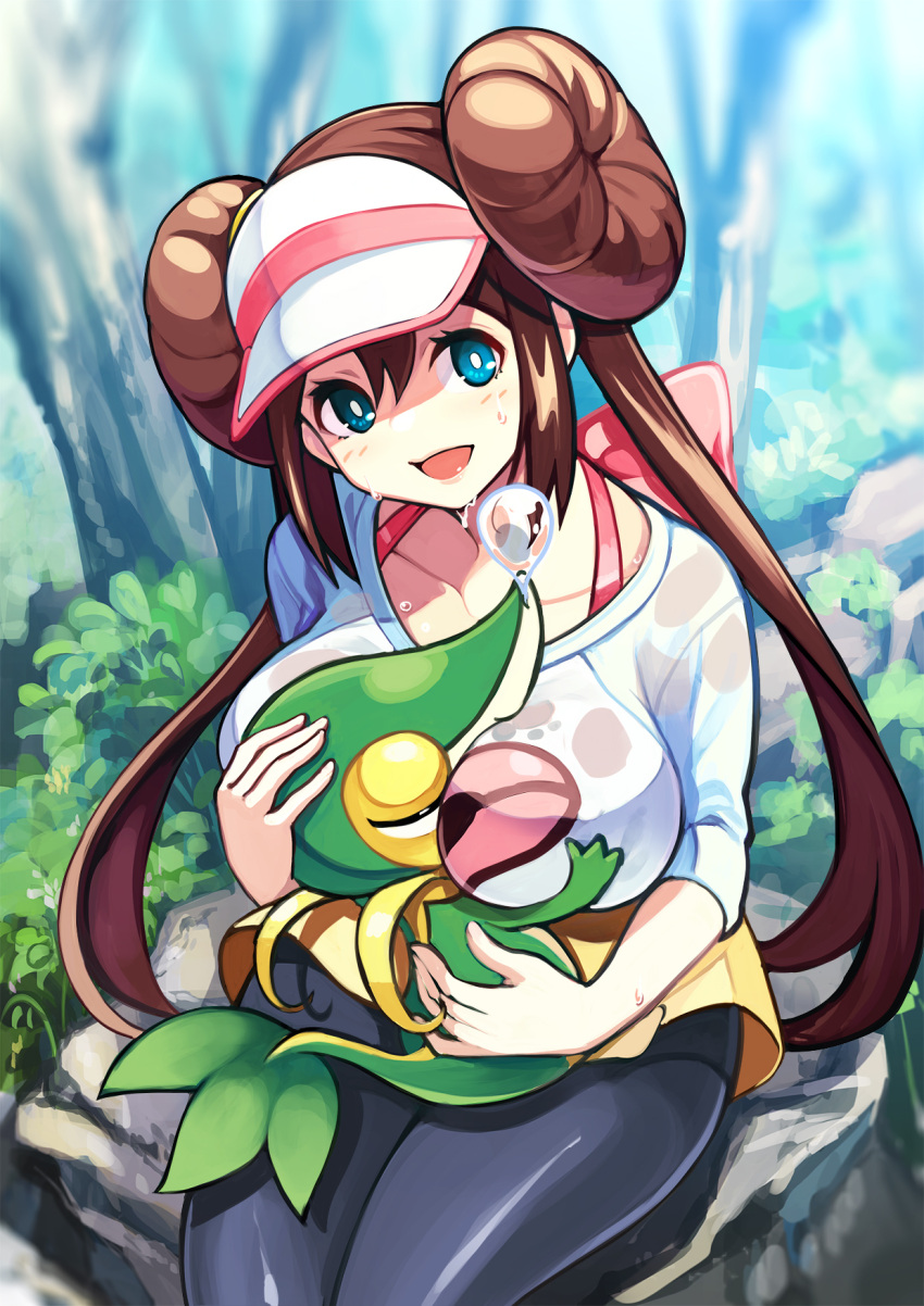 1girl :d between_breasts blue_eyes bow bra_strap breast_grab breast_smother breasts brown_hair bush commentary_request double_bun gen_5_pokemon grabbing hair_bun happy highres large_breasts legwear_under_shorts looking_at_viewer low_twintails mei_(pokemon) open_mouth pantyhose pink_bow pokemon pokemon_(creature) pokemon_(game) pokemon_bw2 shirt shorts sitting sleeping smile snivy solo sweat tonbo twintails visor_cap wet wet_clothes wet_shirt