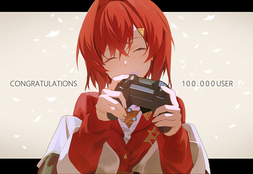 1girl ange_katrina bangs blush buttons cardigan closed_eyes coat commentary congratulations facing_viewer hair_intakes hair_ornament hairclip highres holding_controller jewelry kawaguchi_(mojacome) long_sleeves nijisanji off_shoulder parted_lips pendant red_cardigan redhead short_hair smile solo teeth upper_body virtual_youtuber