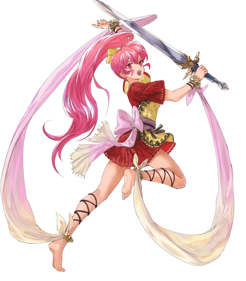 1girl arm_up bangs barefoot bow dress fire_emblem fire_emblem:_mystery_of_the_emblem fire_emblem_heroes full_body hair_bow highres holding holding_sword holding_weapon jewelry leg_up long_hair mayo_(becky2006) non-web_source official_art open_mouth phina_(fire_emblem) pink_eyes pink_hair shiny shiny_hair short_dress short_sleeves sidelocks solo sword tied_hair toes transparent_background weapon