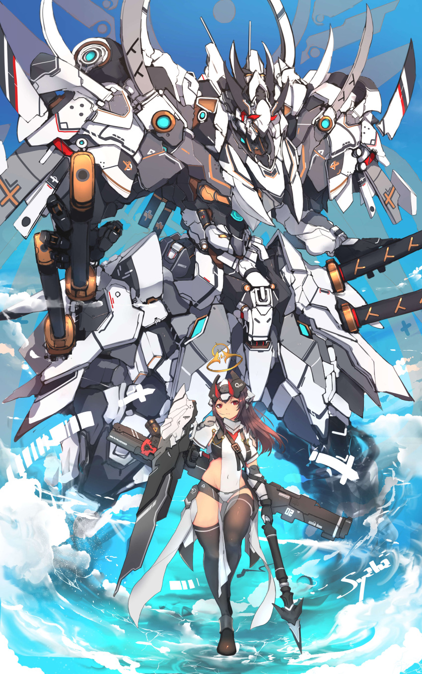 1girl absurdres belt black_legwear brown_hair clouds covered_navel expressionless full_body hand_on_hilt headgear highres holding holding_shield holding_spear holding_weapon katana looking_at_viewer mecha mechanical_halo mechanical_horns original outdoors polearm red_eyes robot shield spear standing sword syaha thigh-highs thighs water weapon