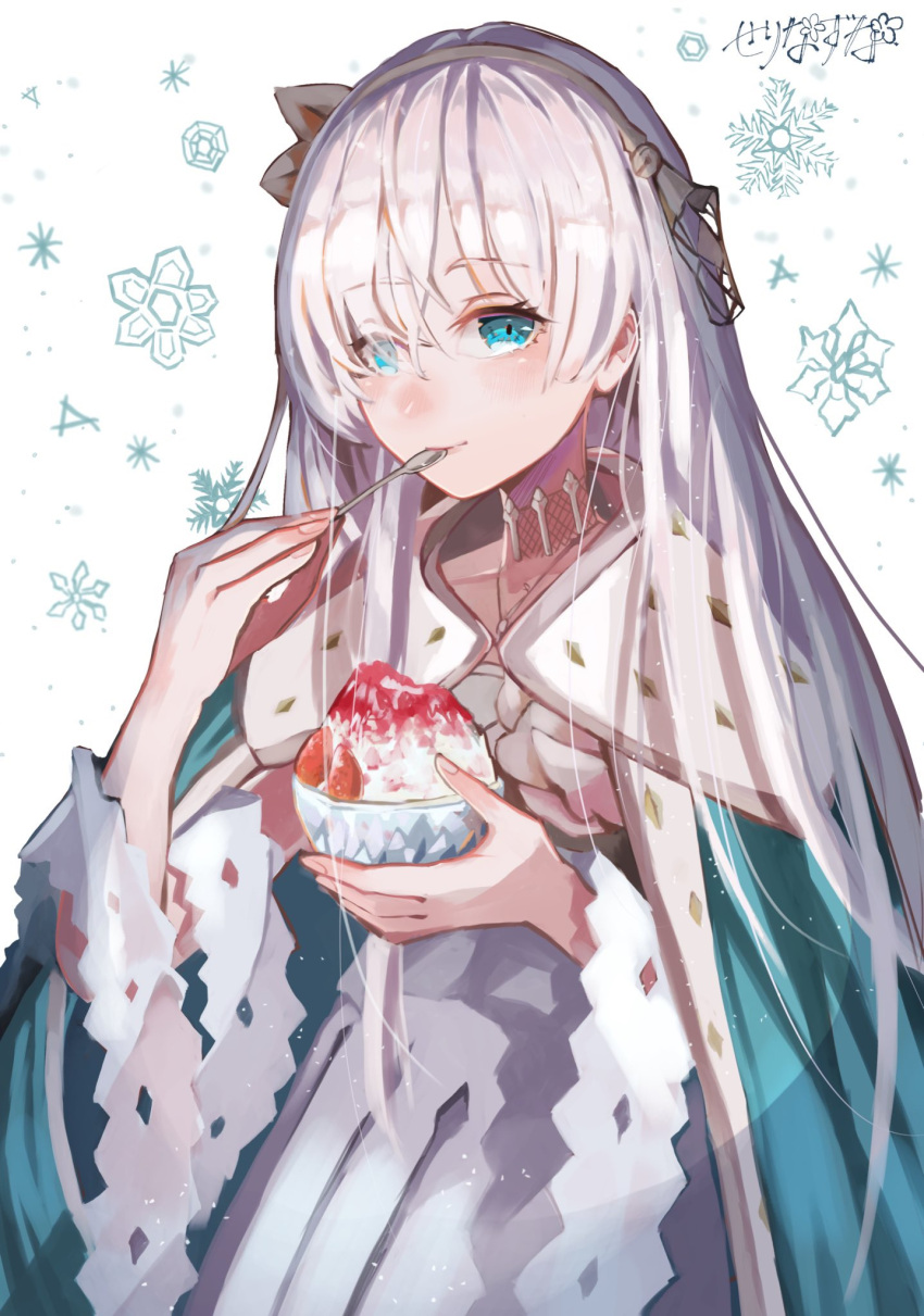 1girl anastasia_(fate/grand_order) blue_eyes cape dress eating fate/grand_order fate_(series) food fruit hairband highres ice_cream long_hair silver_hair snowflakes spoon spoon_in_mouth strawberry