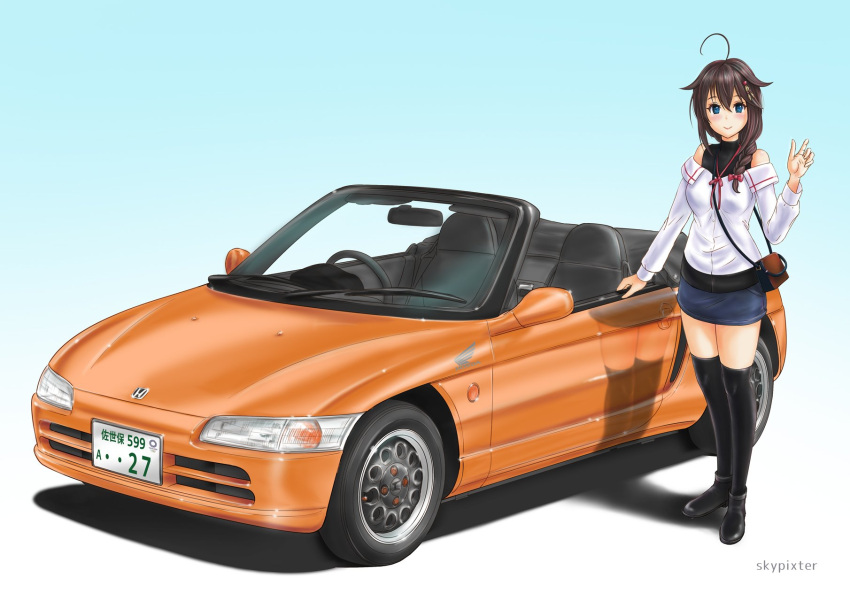 1girl ahoge alternate_costume artist_name bag beige_background black_footwear black_hair black_legwear black_shirt blue_background blue_eyes blue_skirt boots braid car commentary_request dress_shirt gradient gradient_background ground_vehicle hair_flaps hair_over_shoulder highres honda kantai_collection layered_shirt motor_vehicle off-shoulder_shirt off_shoulder pencil_skirt remodel_(kantai_collection) right-hand_drive shigure_(kantai_collection) shirt single_braid skirt skypixter sleeveless sleeveless_shirt solo standing thigh-highs turtleneck vehicle_request white_shirt