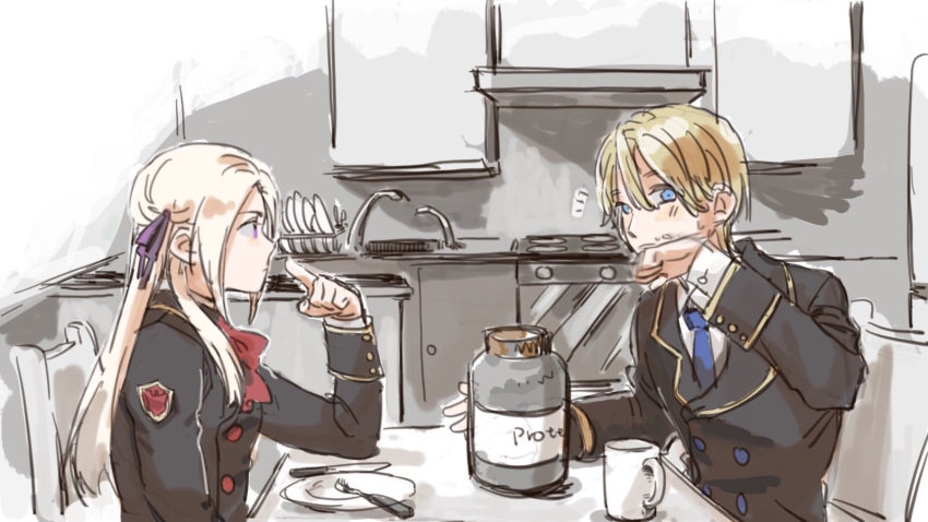 1boy 1girl blonde_hair blue_eyes cuuuliu dimitri_alexandre_bladud edelgard_von_hresvelg fire_emblem fire_emblem:_three_houses food garreg_mach_monastery_uniform hair_ornament hair_ribbon highres long_hair ribbon short_hair simple_background table