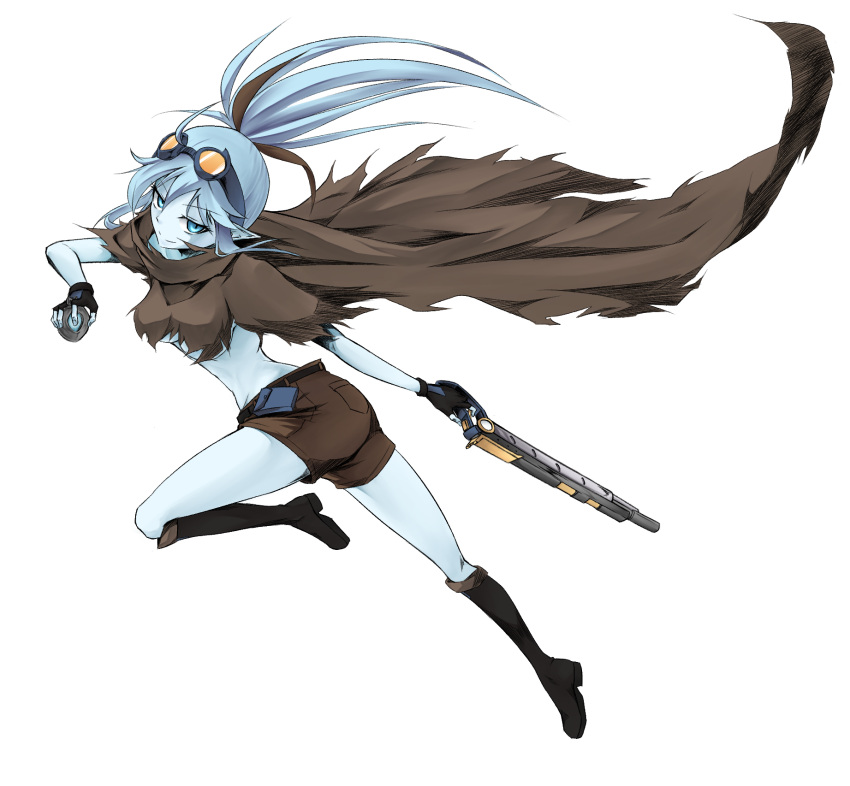 1girl bad_anatomy black_footwear black_gloves blue_eyes blue_hair blue_skin boots breasts brown_cape brown_hair brown_shorts cape crusaders_quest fingerless_gloves full_body gloves goggles gun highres holding holding_gun holding_weapon knee_boots long_hair looking_at_viewer medium_breasts multicolored_hair ponytail running shorts sidelocks solo streaked_hair two-tone_hair under_boob unli weapon