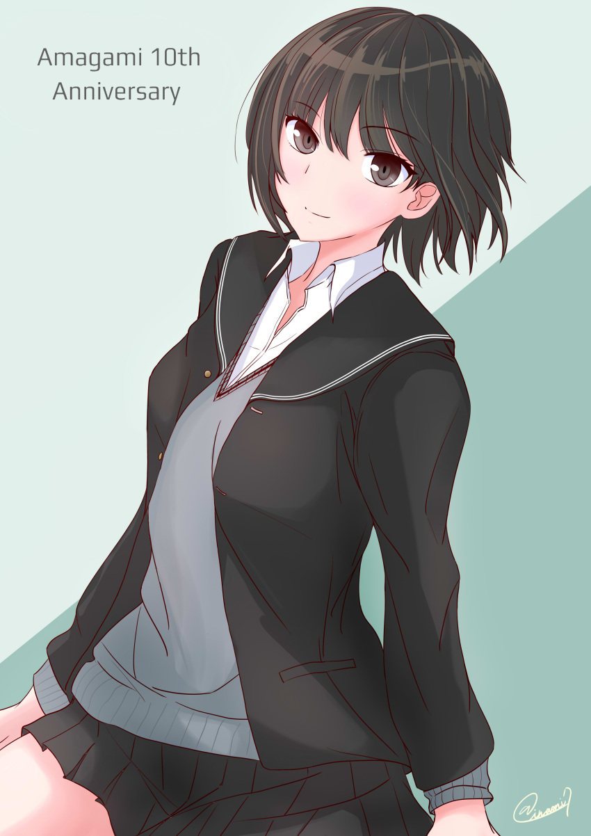 1girl absurdres amagami black_skirt blazer brown_eyes brown_hair copyright_name english_text grey_sweater highres inami_7 jacket nanasaki_ai school_uniform short_hair skirt smile solo sweater twitter_username uniform