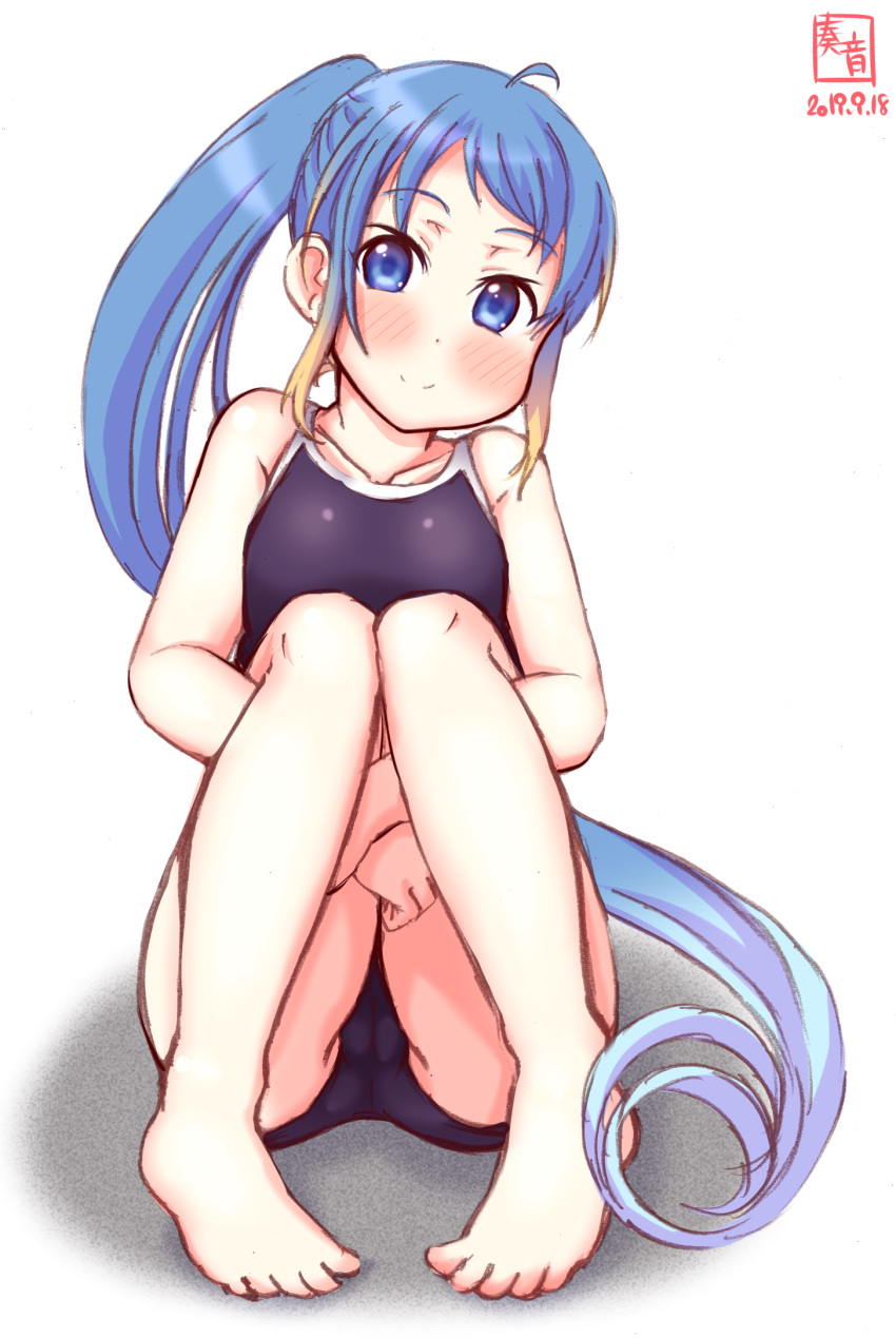 1girl alternate_costume alternate_hairstyle artist_logo bangs barefoot black_swimsuit blue_eyes blue_hair commentary_request competition_school_swimsuit dated full_body gradient_hair highres kanon_(kurogane_knights) kantai_collection long_hair looking_at_viewer multicolored_hair ponytail samidare_(kantai_collection) school_swimsuit simple_background sitting solo swept_bangs swimsuit very_long_hair white_background