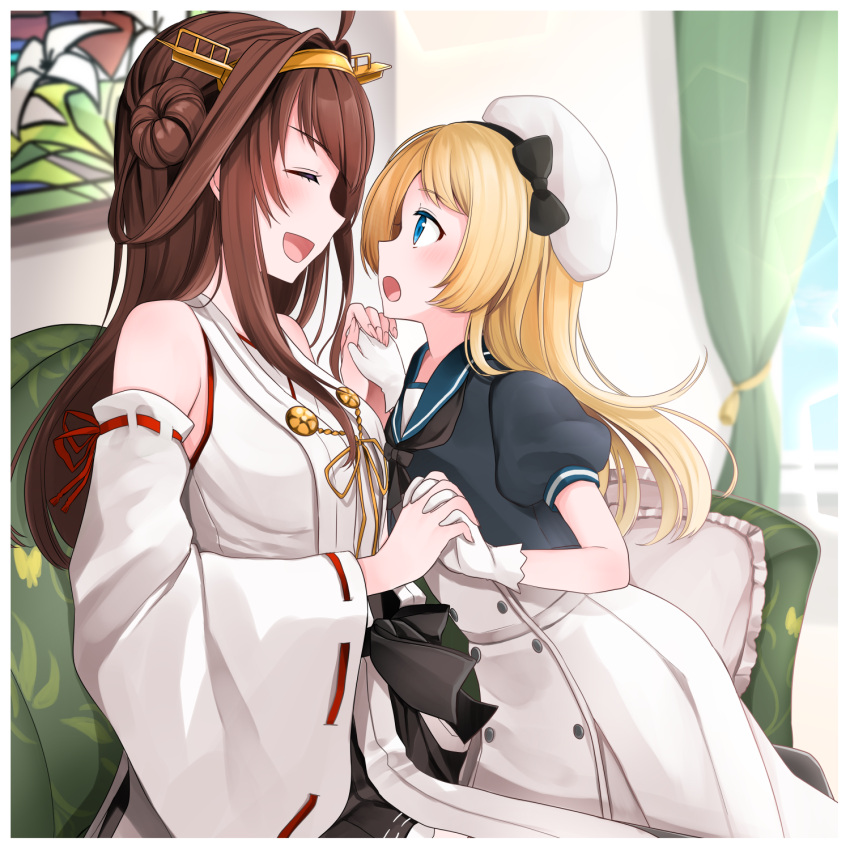 2girls :d ^_^ ahoge bare_shoulders blonde_hair blue_eyes blue_sailor_collar blue_sky blush breasts brown_hair closed_eyes commentary_request couch curtains day detached_sleeves double_bun dress eyebrows_visible_through_hair from_side gloves hairband hat headgear highres holding_hands indoors japanese_clothes jervis_(kantai_collection) kantai_collection kongou_(kantai_collection) long_hair multiple_girls nontraditional_miko open_mouth profile puffy_short_sleeves puffy_sleeves remodel_(kantai_collection) sailor_collar sailor_dress sailor_hat short_sleeves sitting sky smile white_dress white_gloves white_headwear window yunamaro