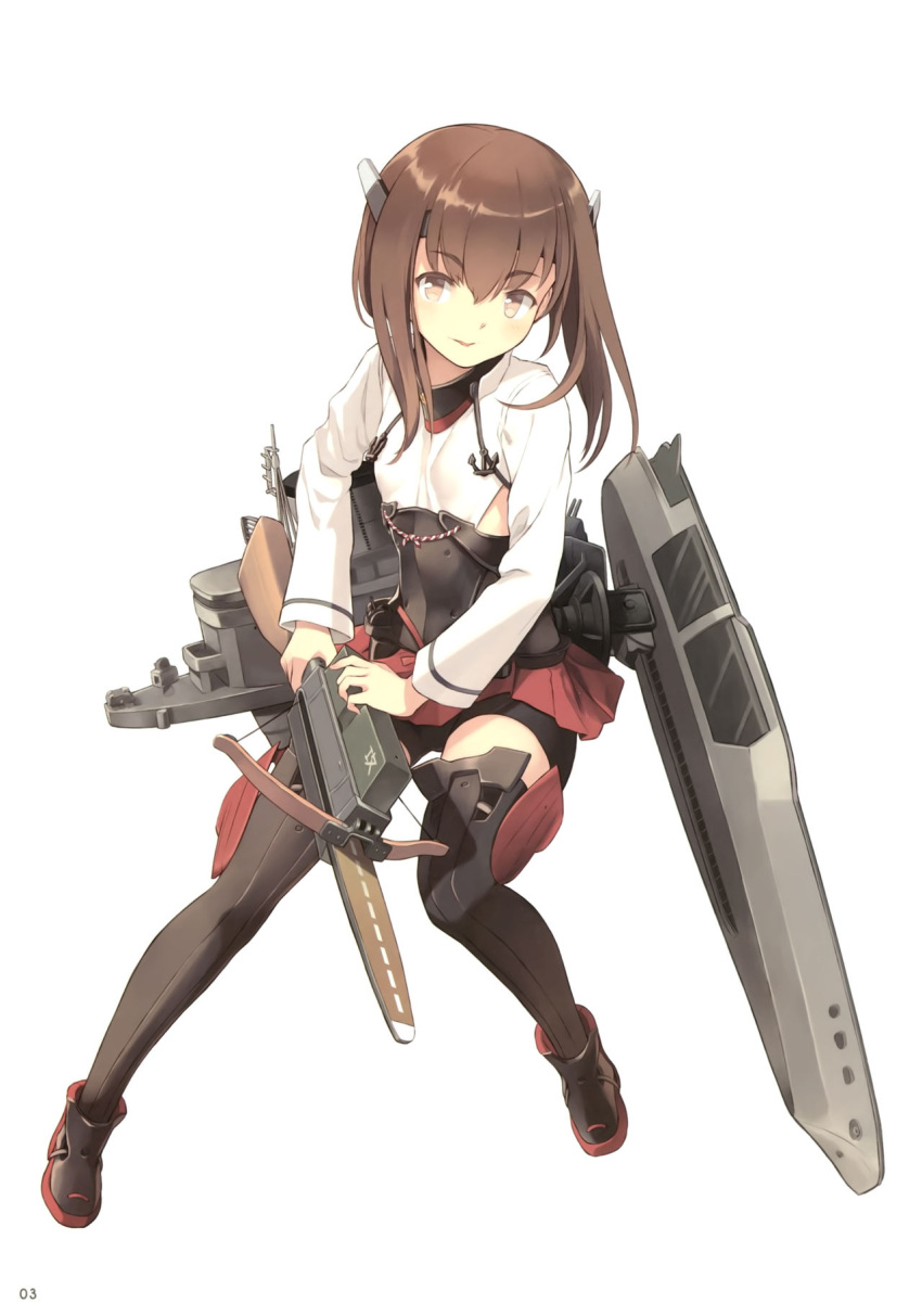1girl anchor armored_boots bike_shorts blush boots bow_(weapon) brown_eyes brown_hair closed_mouth crossbow eyebrows_visible_through_hair flat_chest hair_between_eyes headband headgear highres kantai_collection long_sleeves looking_at_viewer machinery pleated_skirt scan short_hair simple_background skirt solo supertie taihou_(kantai_collection) thigh-highs weapon white_background