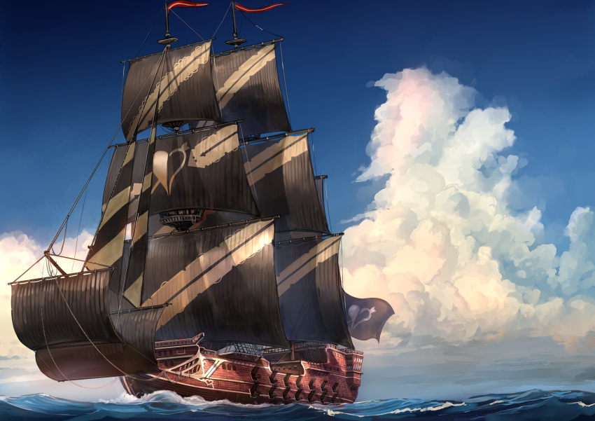 absurdres akasaai blue_sky cannon clouds commentary day heart highres hololive no_humans ocean outdoors pirate_ship sail ship sky virtual_youtuber watercraft