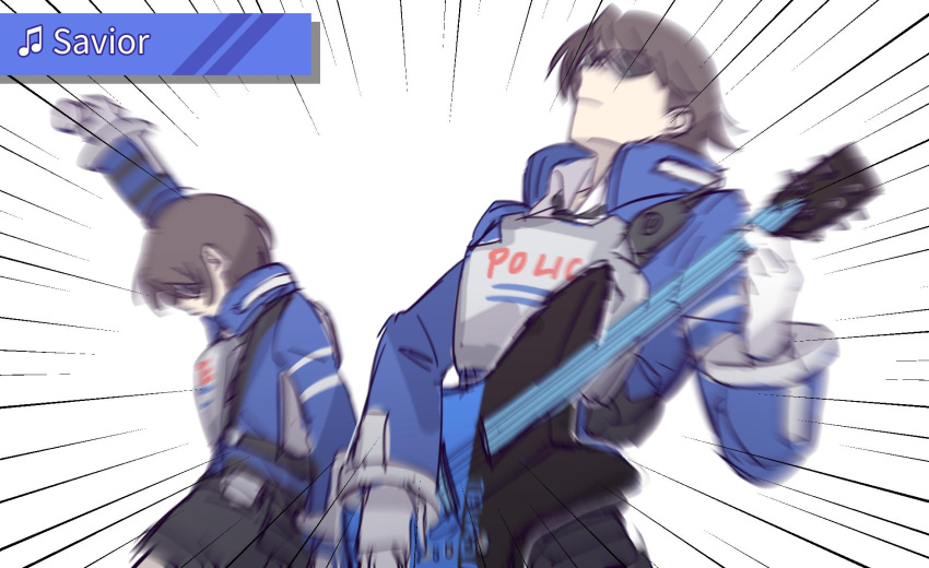 1boy 1girl astral_chain brown_hair closed_mouth glasses gloves guitar highres holding holding_microphone instrument meme microphone music playing_instrument police shirohunter short_hair speed_lines white_gloves