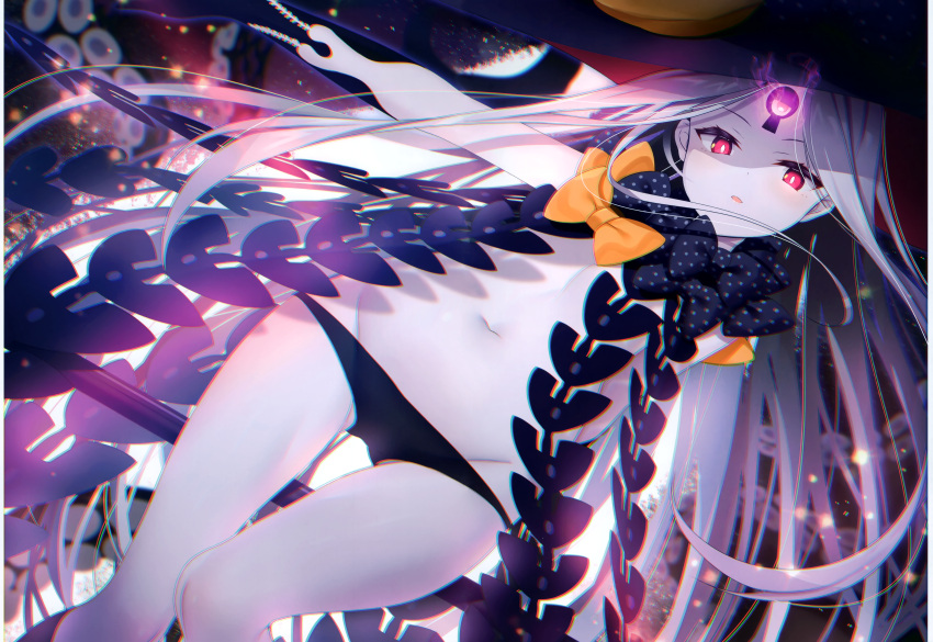 1girl abigail_williams_(fate/grand_order) absurdres bangs black_bow black_gloves black_headwear black_panties blurry blurry_background blush bow chromatic_aberration depth_of_field dutch_angle elbow_gloves fate/grand_order fate_(series) gloves glowing glowing_eyes groin hat highres huge_filesize looking_at_viewer navel non-web_source orange_bow outstretched_arm pale_skin panties parted_bangs parted_lips polka_dot polka_dot_bow red_eyes revealing_clothes scan solo underwear v-shaped_eyebrows witch_hat yano_mitsuki