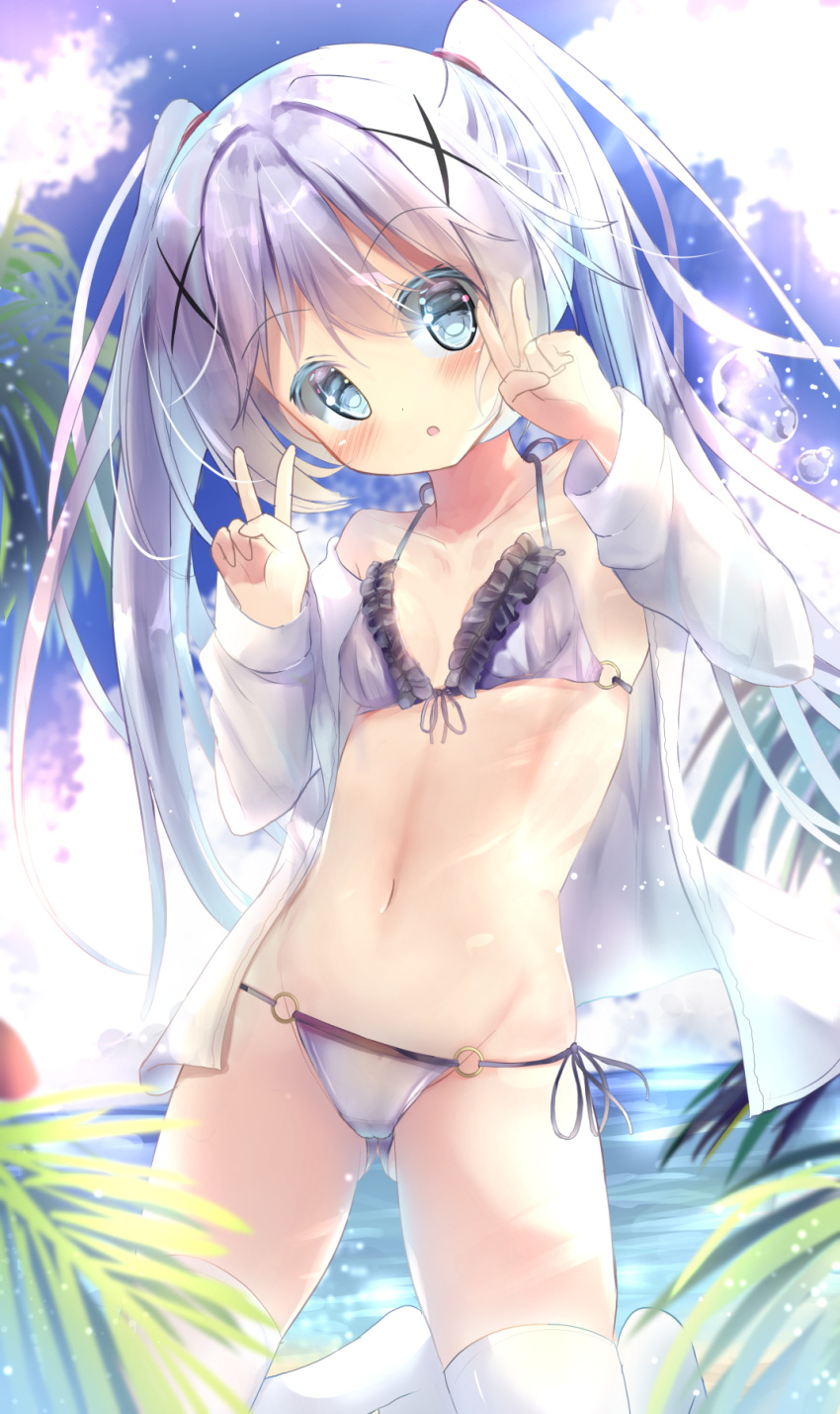 1girl :o bangs bare_shoulders bikini blue_bikini blue_eyes blue_hair blue_sky blurry blurry_background blush clouds cloudy_sky collarbone commentary_request day depth_of_field double_v eyebrows_visible_through_hair frilled_bikini_top frills front-tie_bikini front-tie_top gochuumon_wa_usagi_desu_ka? groin hair_between_eyes hair_ornament highres jacket kafuu_chino kneeling long_hair long_sleeves na!?_(naxtuyasai) navel o-ring o-ring_bikini o-ring_bottom off_shoulder open_clothes open_jacket outdoors palm_tree parted_lips side-tie_bikini sky solo swimsuit thigh-highs tree twintails v very_long_hair water white_jacket white_legwear x_hair_ornament