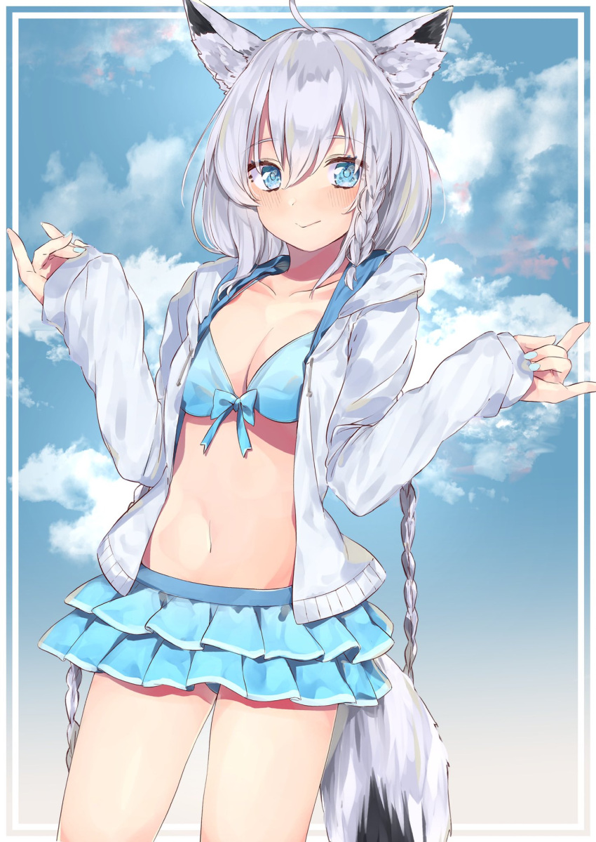 1girl animal_ears aqua_eyes aqua_nails bikini bikini_skirt braid breasts fox_ears fox_tail highres hololive hood hood_down hoodie large_breasts long_hair long_sleeves looking_at_viewer open_clothes open_hoodie rippootai shirakami_fubuki side_braid silver_hair smile swimsuit tail twin_braids