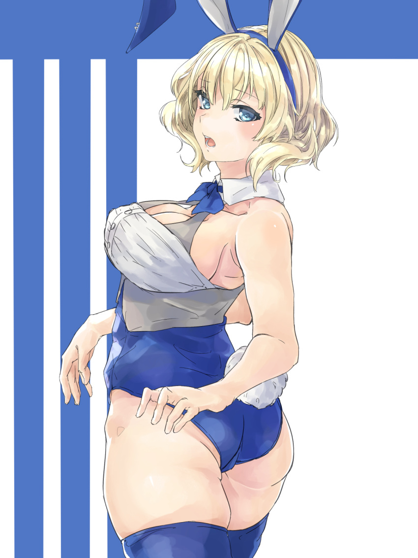 1girl ailiner7060 animal_ears ass blonde_hair blue_eyes blue_neckwear blue_stripes bow bowtie breasts bunny_girl bunny_tail bunnysuit butt_crack collar colorado_(kantai_collection) commentary commentary_request fake_animal_ears highres kantai_collection large_breasts necktie partial_commentary rabbit_ears short_hair side_braids sideboob sleeveless tail thigh-highs white_background