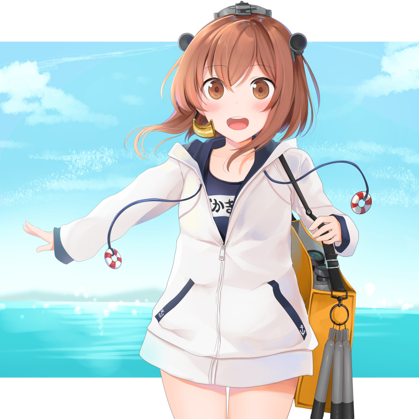 1girl :d bag binoculars blue_sky blush brown_eyes brown_hair clouds cowboy_shot eyebrows_visible_through_hair eyes_visible_through_hair headset highres jacket kantai_collection legs legs_together lifebuoy looking_at_viewer mouth ocean open_mouth school_swimsuit short_hair shoulder_bag sky smile speaking_tube_headset swimsuit swimsuit_under_clothes teeth torpedo translated white_jacket yellow_bag yukikaze_(kantai_collection) yunamaro