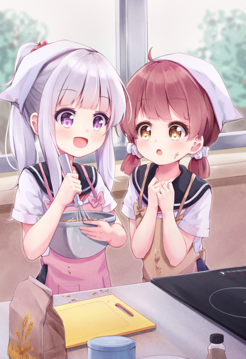 2girls apron bag black_skirt bowl brown_apron brown_eyes brown_hair classroom cooking cutting_board hands_on_own_chest hat highres holding home_economics indoors long_hair low_twintails multiple_girls open_mouth original paper_bag pink_apron pink_eyes ponytail school_uniform scrunchie serafuku shirt short_twintails silver_hair skirt smile stove tokenbox twintails upper_body whisk white_headwear white_shirt window