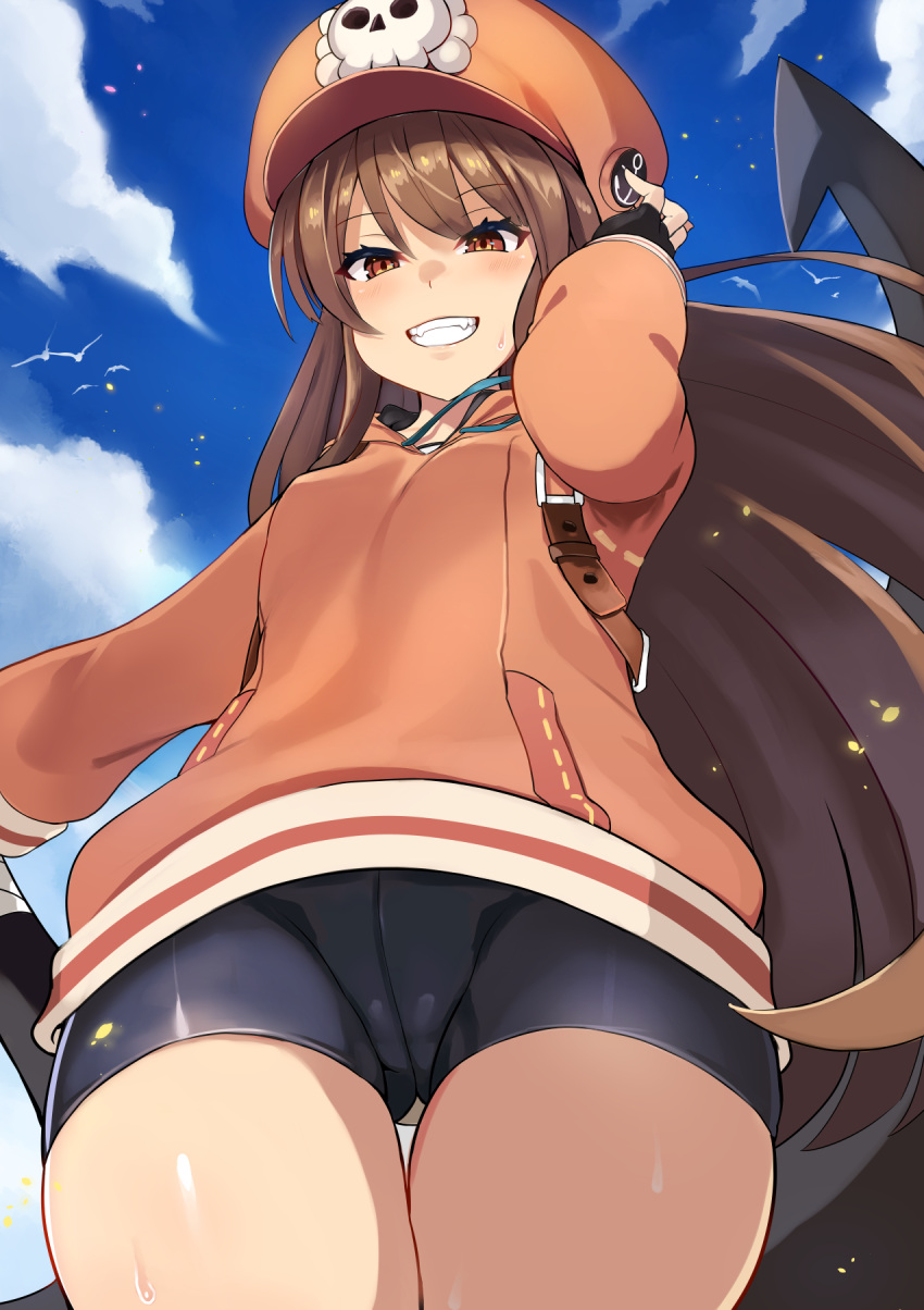 1girl :d anchor anchor_symbol arm_up ass_visible_through_thighs backpack bag bangs bike_shorts bird black_gloves black_shorts blue_sky blush breasts brown_eyes brown_hair cabbie_hat clouds day dress eyebrows_visible_through_hair fangs fingerless_gloves from_below gloves grin guilty_gear hat highres long_hair long_sleeves looking_at_viewer looking_down may_(guilty_gear) onigensou open_mouth orange_dress orange_headwear outdoors short_dress shorts skull sky small_breasts smile solo sweat teeth thigh_gap thighs upskirt very_long_hair