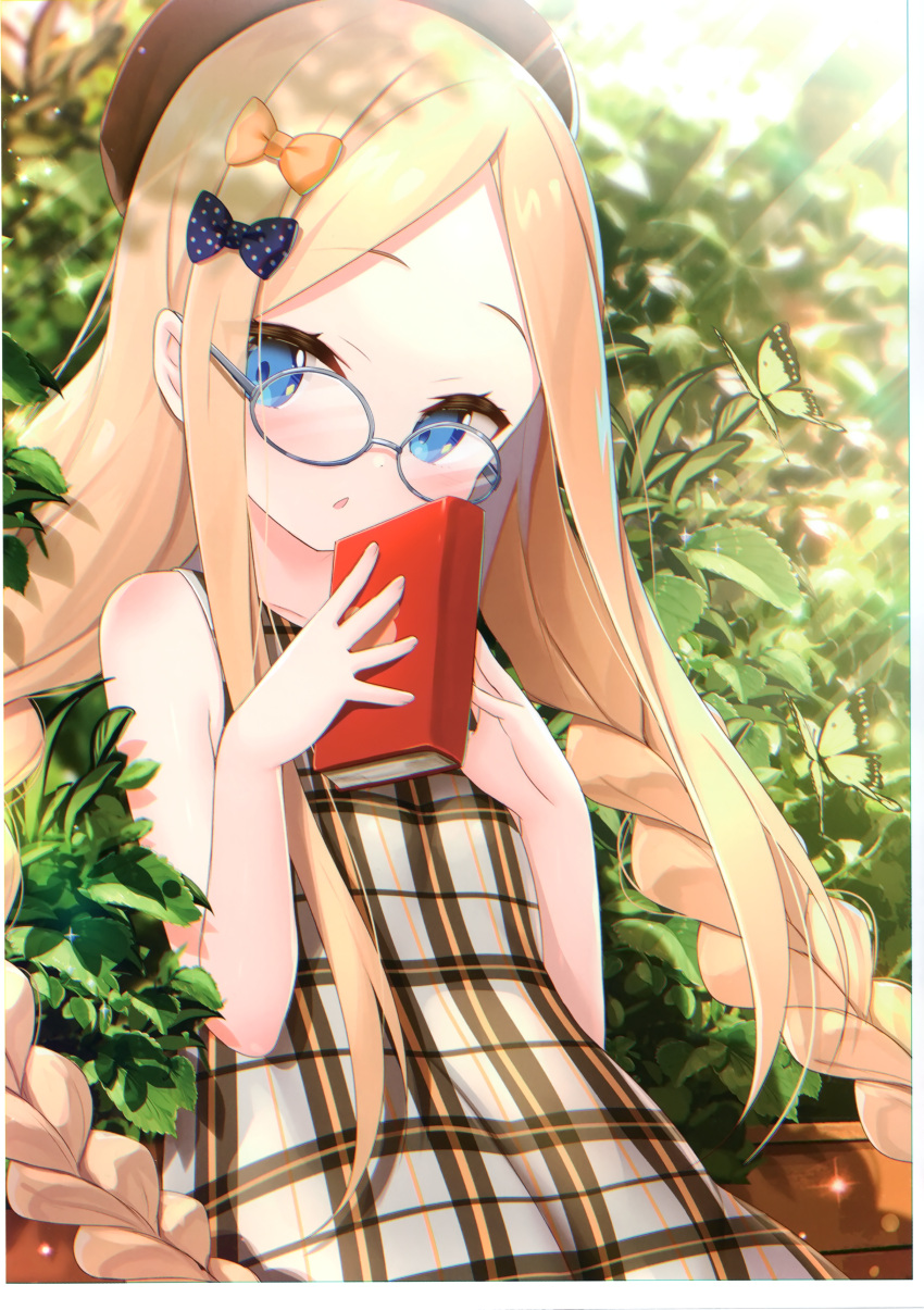 1girl abigail_williams_(fate/grand_order) absurdres alternate_costume alternate_hairstyle animal bangs bare_arms bare_shoulders beret bespectacled black_bow black_headwear blonde_hair blue_eyes blush book bow braid brown_dress bug butterfly collarbone day dress eyebrows_visible_through_hair fate/grand_order fate_(series) fingernails forehead glasses grey-framed_eyewear hair_bow hands_up hat highres holding holding_book insect leaf long_hair looking_at_viewer low_twintails non-web_source orange_bow outdoors parted_bangs parted_lips plaid plaid_dress plant polka_dot polka_dot_bow round_eyewear scan silver-framed_eyewear sleeveless sleeveless_dress solo sunlight twin_braids twintails upper_body very_long_hair yano_mitsuki