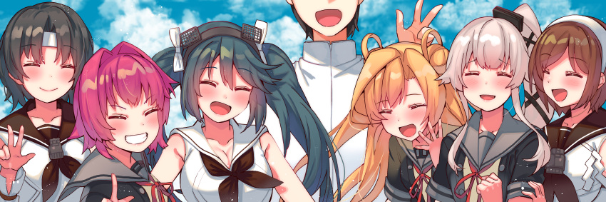 1boy 6+girls absurdres abukuma_(kantai_collection) admiral_(kantai_collection) black_hair black_jacket blonde_hair blue_hair blue_sky brown_hair closed_eyes detached_sleeves double_bun hair_flaps hair_rings hairband headband highres isuzu_(kantai_collection) jacket kantai_collection kinu_(kantai_collection) long_hair long_sleeves military military_uniform multiple_girls nagara_(kantai_collection) natori_(kantai_collection) naval_uniform neck_ribbon out_of_frame pink_hair ponytail red_ribbon redhead remodel_(kantai_collection) ribbon school_uniform serafuku short_hair short_sleeves sky smile tonari_no_kai_keruberosu twintails uniform very_long_hair white_hairband yura_(kantai_collection)