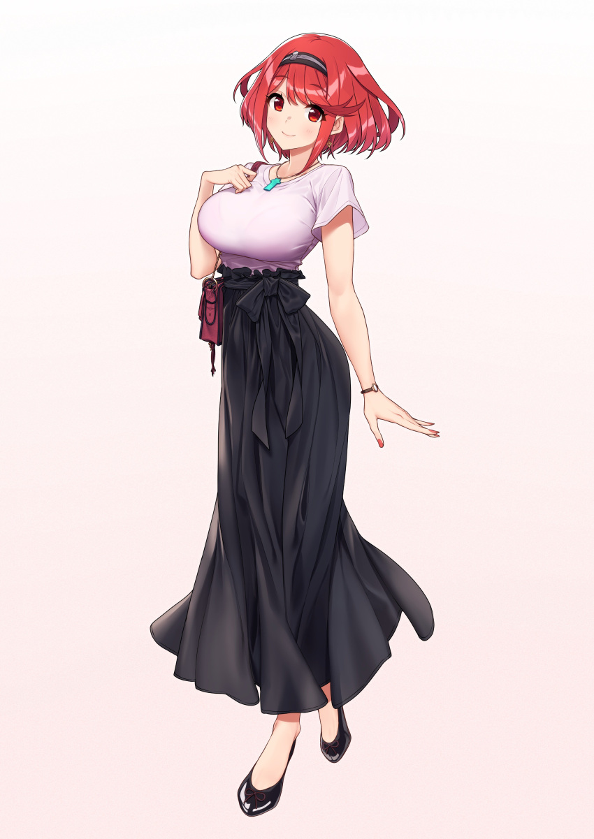 1girl absurdres baffu bag bangs black_skirt blush breasts closed_mouth earrings full_body gradient gradient_background hairband high-waist_skirt highres pyra_(xenoblade) jewelry large_breasts long_skirt looking_at_viewer necklace pink_shirt red_eyes redhead shirt short_hair short_sleeves shoulder_bag sidelocks simple_background skirt smile solo swept_bangs watch watch xenoblade_(series) xenoblade_2