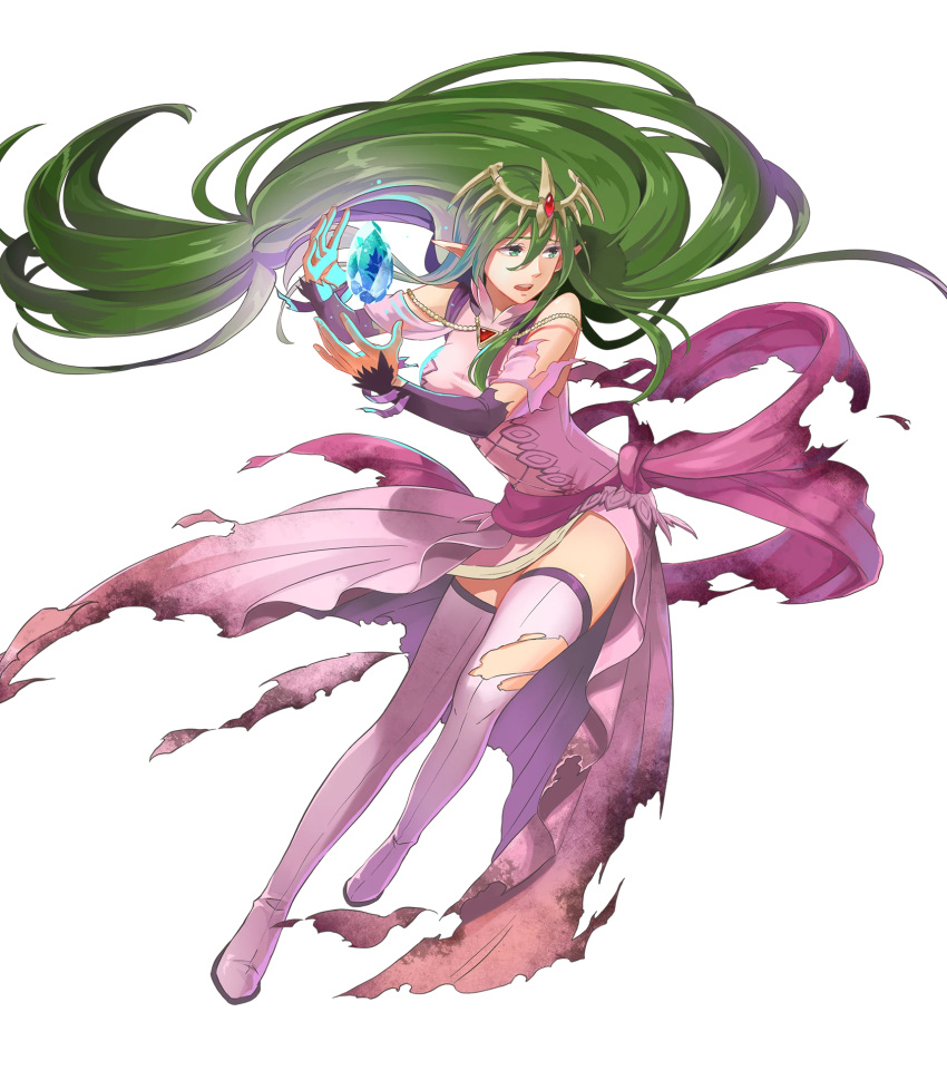 1girl boots breasts dress fire_emblem fire_emblem:_mystery_of_the_emblem fire_emblem_heroes floating floating_object full_body green_eyes green_hair hair_ornament highres jewelry long_hair looking_away low_twintails medium_breasts nagi_(fire_emblem) non-web_source official_art okaya_mrh open_mouth pink_dress pointy_ears shiny shiny_hair solo stone thigh-highs thigh_boots tiara torn_clothes transparent_background twintails very_long_hair
