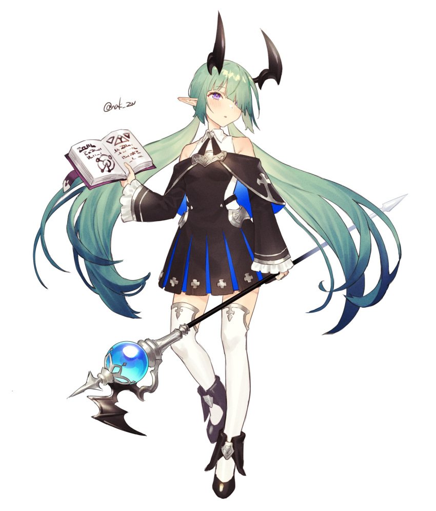 1girl absurdres bare_shoulders black_footwear blush book cross gradient gradient_hair green_hair hair_over_one_eye highres holding holding_book holding_staff horns long_hair multicolored_hair nak_zw open_book original parted_lips pointy_ears signature simple_background staff standing thigh-highs twintails twitter_username violet_eyes white_background white_legwear