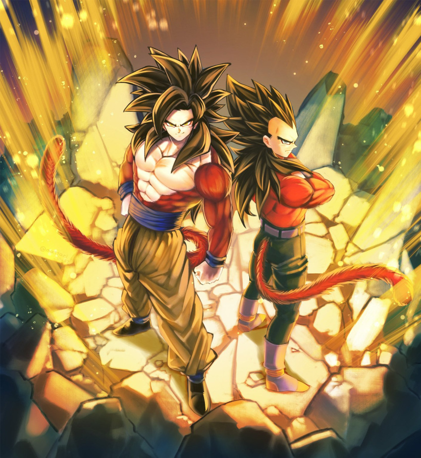 2boys abs arm_at_side aura back-to-back backlighting belt black_hair black_pants blurry bokeh boots chest clenched_hands crossed_arms depth_of_field dragon_ball dragon_ball_gt facing_away from_above frown full_body grey_eyes hand_on_hip highres legs_apart light_particles long_hair looking_at_viewer looking_up male_focus mattari_illust monkey monkey_tail multiple_boys no_nipples pants pectorals profile rock smile son_gokuu spiky_hair standing super_saiyan_4 tail vegeta white_footwear yellow_eyes yellow_pants