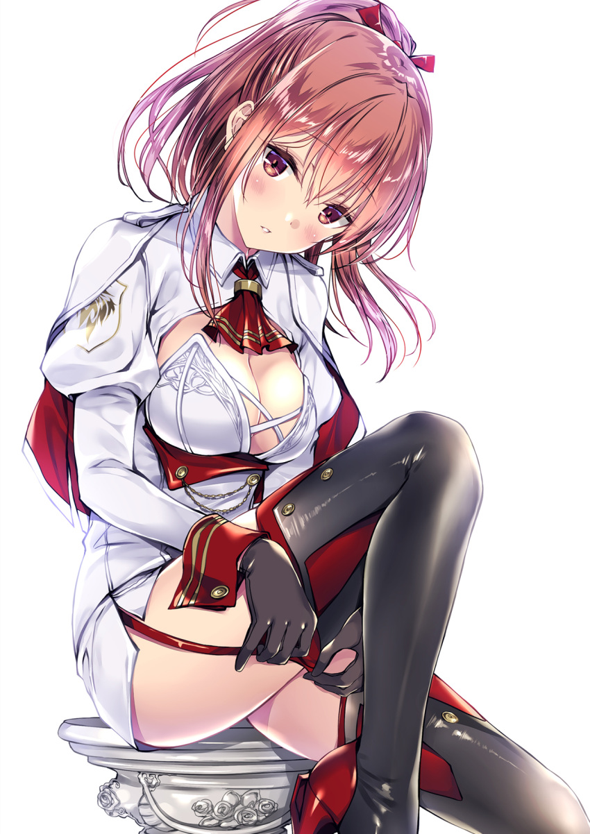 1girl amaetekuru_toshiue_kyoukan_ni_yashinatte_morau_no_wa_yarisugi_desu_ka? ascot bangs black_gloves blush breasts brown_eyes brown_hair capelet cleavage_cutout collared_jacket commentary_request cowboy_shot double-breasted eyebrows_visible_through_hair floating_hair garter_straps gloves hair_between_eyes hair_ribbon highres holding holding_sword holding_weapon jacket juliet_sleeves knee_up kobayashi_chisato large_breasts long_hair long_sleeves looking_at_viewer mia_samuel official_art parted_lips ponytail puffy_sleeves red_neckwear red_ribbon ribbon sidelocks simple_background sitting skirt solo sword thigh-highs uniform weapon white_background white_jacket white_skirt