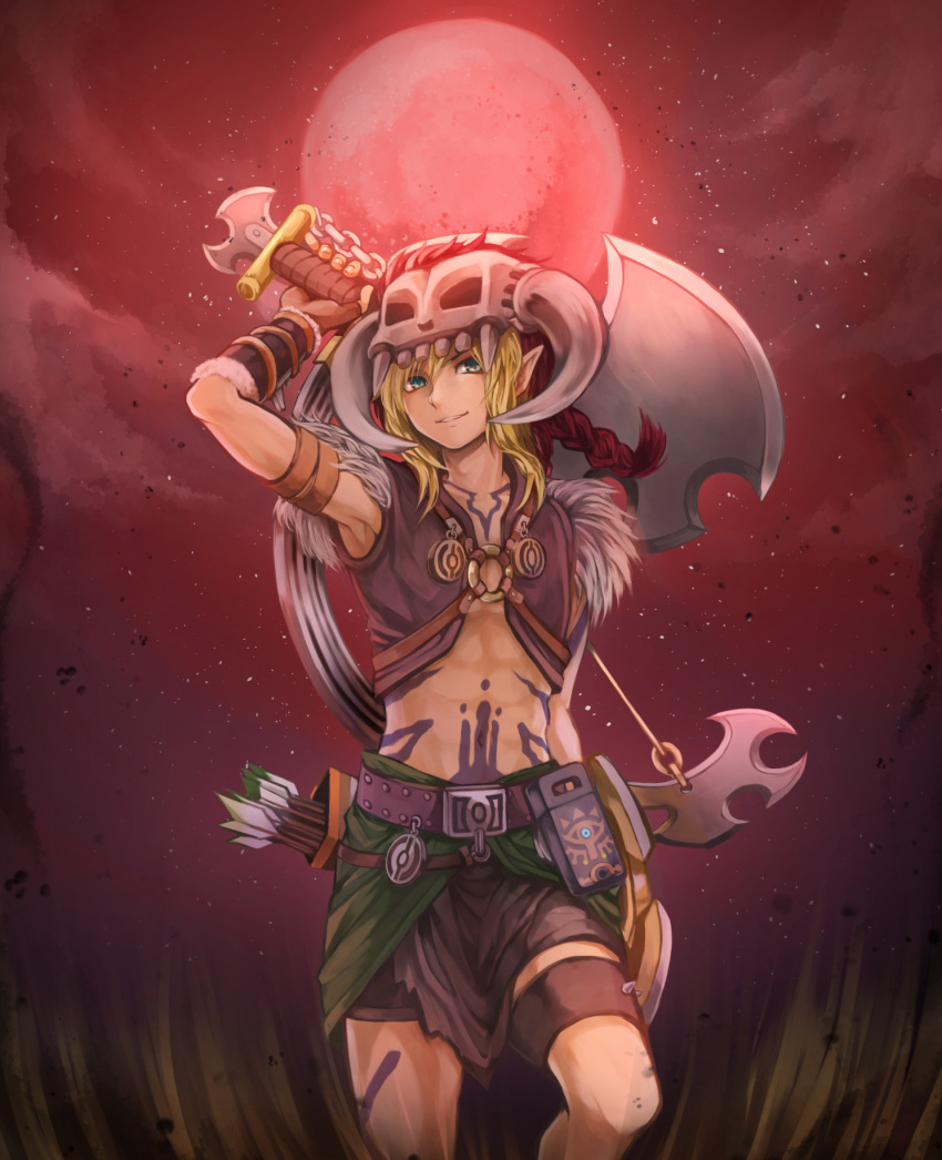 1boy arrow axe belt blonde_hair blue_eyes commentary_request hair_between_eyes hat highres holding holding_axe link long_hair looking_at_viewer male_focus moon navel pointy_ears red_moon shorts skirt skull smile solo tagme tattoo the_legend_of_zelda the_legend_of_zelda:_breath_of_the_wild weapon yutsuyutsu