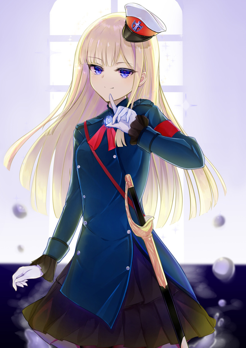 1girl bangs blonde_hair blue_eyes blush breasts commentary_request eyebrows_visible_through_hair fate/grand_order fate_(series) flower gloves hair_ornament hat highres long_hair long_sleeves looking_at_viewer lord_el-melloi_ii_case_files reines_el-melloi_archisorte simple_background smile solo sword user_dkmx3328 weapon