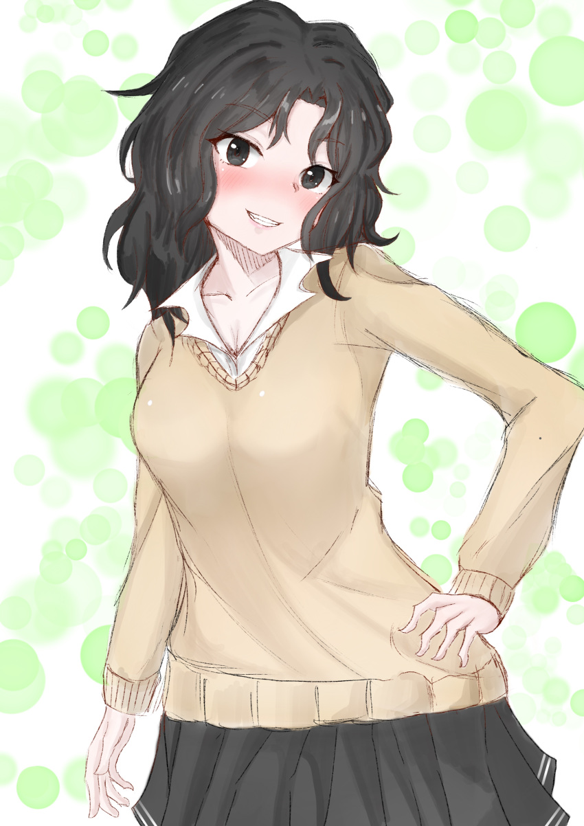 1girl absurdres amagami arm_at_side black_eyes black_hair black_skirt blush collarbone contrapposto hand_on_hip highres kiriwakidevil long_hair messy_hair sketch skirt smile solo sweater tan_sweater tanamachi_kaoru