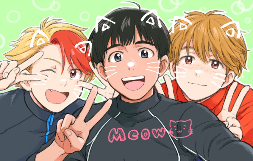 3boys :d ;d animal_ears black_hair blonde_hair brown_eyes brown_hair cat_ears double_v english_text fang freckles grey_eyes jacket ji_guang-hong male_focus minami_kenjirou multicolored_hair multiple_boys one_eye_closed open_mouth phichit_chulanont redhead self_shot smile takeshi_(mononohu20) track_jacket two-tone_hair upper_body v v_over_eye whiskers yuri!!!_on_ice