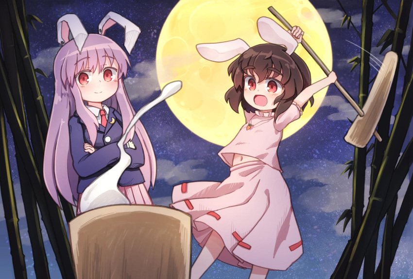 2girls animal_ears bamboo blazer blush brown_hair carrot_necklace closed_mouth crossed_arms eyebrows_visible_through_hair full_moon highres imperishable_night inaba_tewi jacket kibisake long_hair mallet midriff_peek mochi mochitsuki moon moon_rabbit multiple_girls navel night night_sky open_mouth plaid plaid_skirt purple_hair rabbit_ears red_eyes red_neckwear reisen_udongein_inaba ribbon-trimmed_dress skirt sky smile touhou