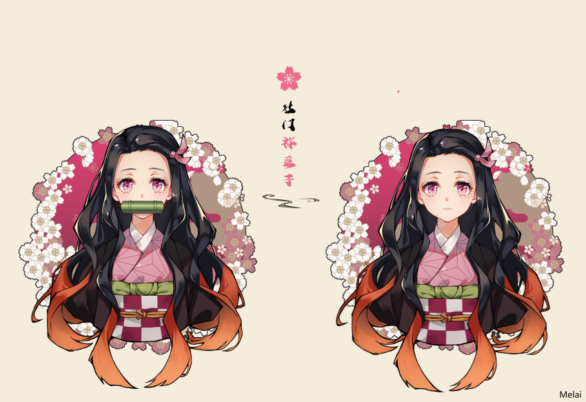 1girl absurdres artist_name bamboo bit_gag black_hair character_name checkered_obi expressionless flower gag grey_background hair_ribbon haori highres japanese_clothes kamado_nezuko kimetsu_no_yaiba kimono long_hair looking_at_viewer melailai multicolored_hair multiple_views orange_hair pink_eyes pink_kimono ribbon simple_background solo two-tone_hair upper_body