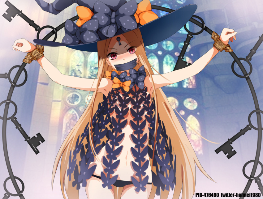1girl abigail_williams_(fate/grand_order) bangs bdsm black_headwear blonde_hair blue_eyes blush bondage bound bow fate/grand_order fate_(series) gagged haimei1980 hat key keychain keyhole long_hair looking_at_viewer object_hug orange_bow parted_bangs pixiv_id polka_dot polka_dot_bow red_eyes restrained solo tied_up twitter_username underwear very_long_hair witch_hat