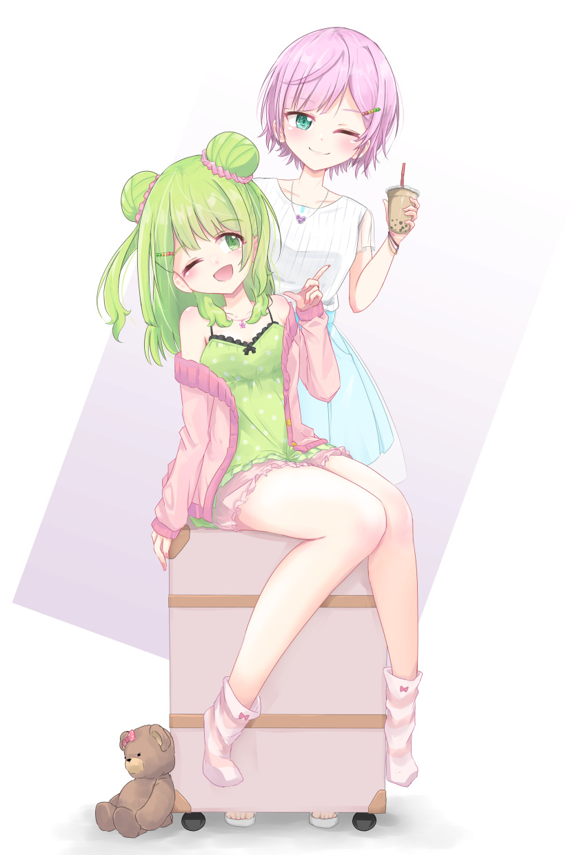 2girls absurdres blue_eyes blue_skirt blush bubble_tea camisole closed_mouth commentary cup double_bun full_body green_eyes green_hair green_shirt hair_ornament hairclip highres holding holding_cup jacket medium_hair morinaka_kazaki multiple_girls nail_polish nijisanji off_shoulder one_eye_closed open_mouth pink_hair pink_jacket pink_nails saka_(sksmaaaa2) shirt short_hair simple_background sitting skirt smile socks stuffed_animal stuffed_toy suitcase teddy_bear virtual_youtuber white_shirt yuuhi_riri