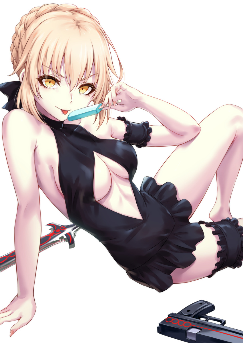 1girl artoria_pendragon_(all) artoria_pendragon_(swimsuit_rider_alter) bangs bare_shoulders beach black_bow black_dress blonde_hair blush bow braid breasts closed_mouth day dress dress_swimsuit fate/grand_order fate_(series) food french_braid gun hair_between_eyes hair_bow hair_bun highres knee_up leg_garter long_hair looking_at_viewer medium_breasts ocean pale_skin popsicle sakiyamama smile solo sunlight thighs tongue tongue_out toy_sword weapon white_background yellow_eyes