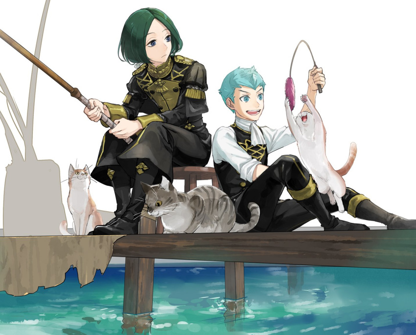 2boys blue_eyes blue_hair boots caspar_von_bergliez cat epaulettes fire_emblem fire_emblem:_three_houses fishing_rod garreg_mach_monastery_uniform green_hair linhardt_von_hevring long_hair low_ponytail mikami multiple_boys open_mouth sitting teeth uniform water white_background